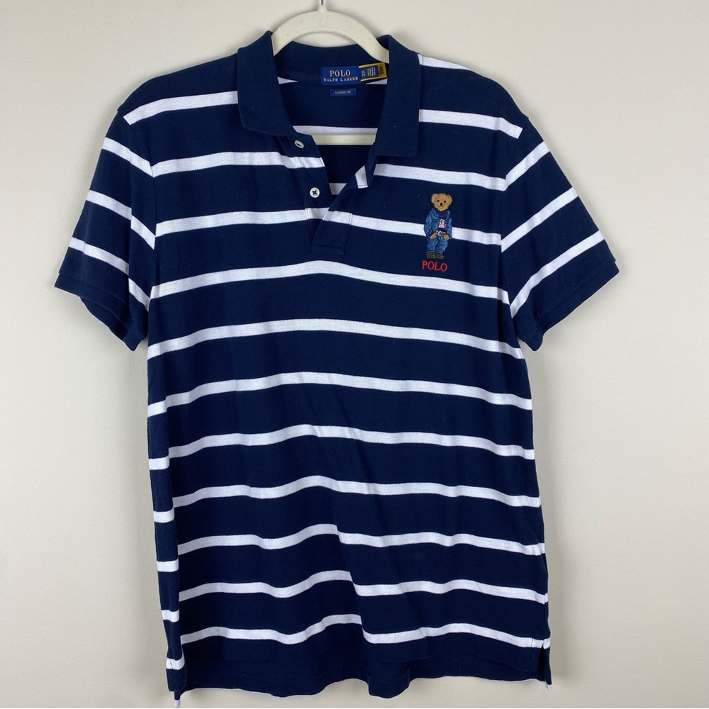 Ralph Lauren Polo Striped Shirt with Embroidered Bear — Size XL (Fits Smaller)